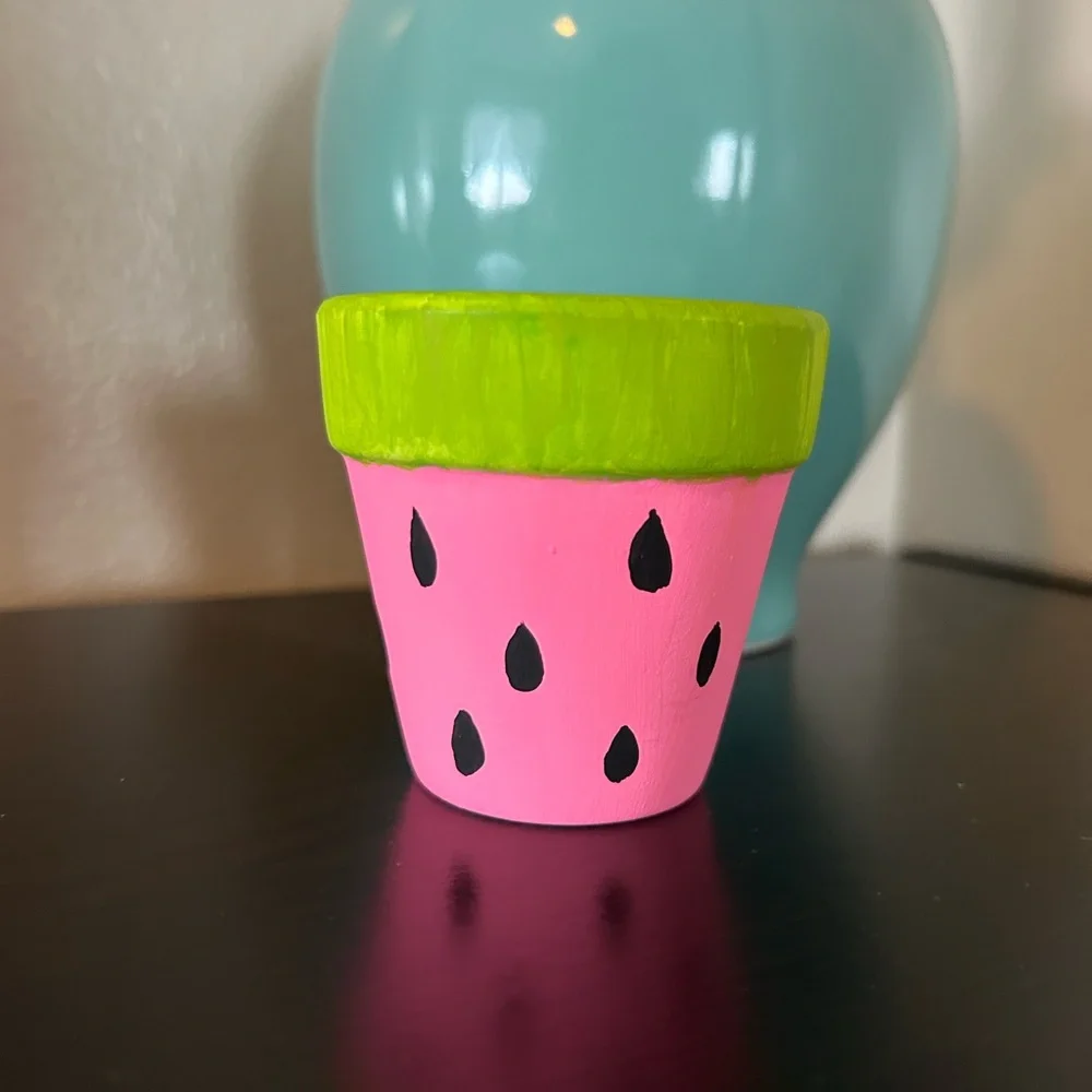 Handmade Watermelon Decorative Clay Terracotta Painted Pot Hot Pink Green Fruit